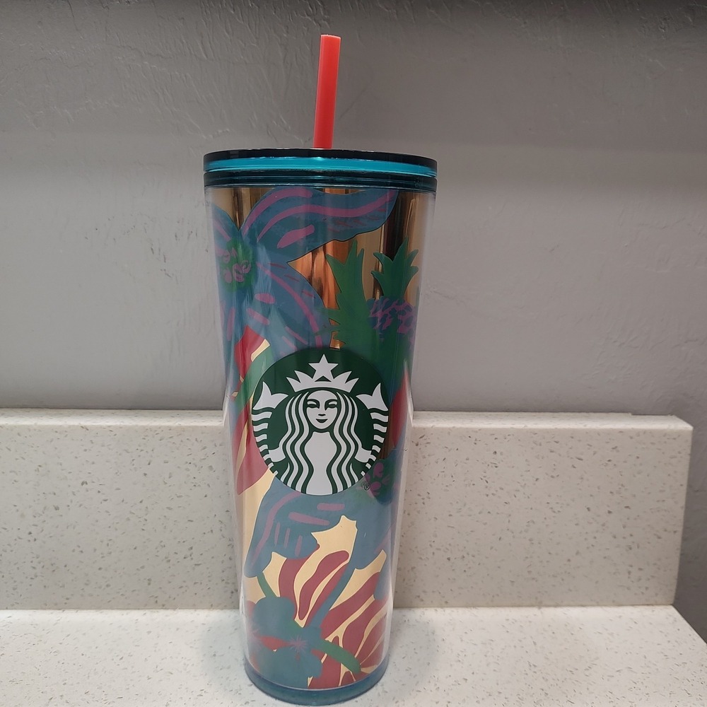 Starbucks Summer 2022 Forest Dream Aqua Terra Floral 24oz Tumbler Cold Cup Straw
